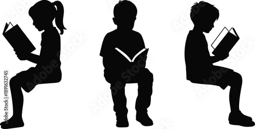 Silhouettes of three children sitting and reading books on a white background Keywords: children, reading, books, silhouette