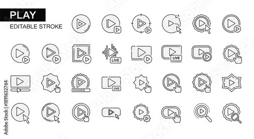 Set of minimalist video player control icons with editable strokes for playback, recording, and streaming functions