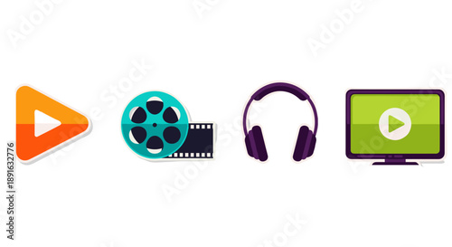 A set of colorful video and audio icons on transparent background