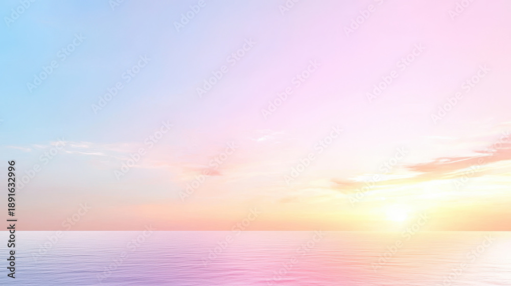 Obraz premium Dreamy gradient sunset sky with soft pink and blue hues reflecting on calm water creates serene atmosphere