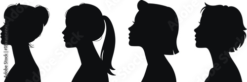 Silhouettes of young women's heads in profile with different hairstyles on white background woman