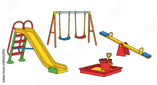 A colorful playground set with swings, slide, and seesaw on transparent background