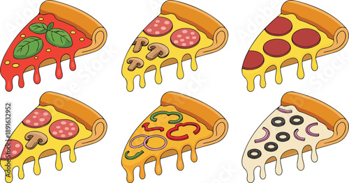 Cartoon Dripping Cheese Pizza Slice Vector Set  Pepperoni and Classic Toppings