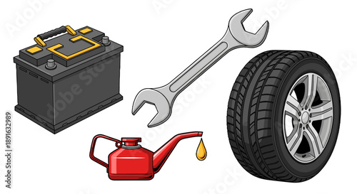 A set of car maintenance tools and parts on transparent background