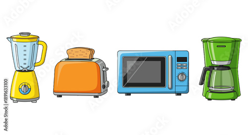 A colorful illustration of kitchen appliances on transparent background
