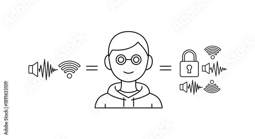 Conceptual illustration of human mind linked to digital security and wireless technology with circuit connections and data protection symbols