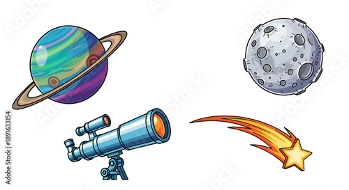 A colorful vector graphic of a planet, moon, telescope, and shooting star on transparent background