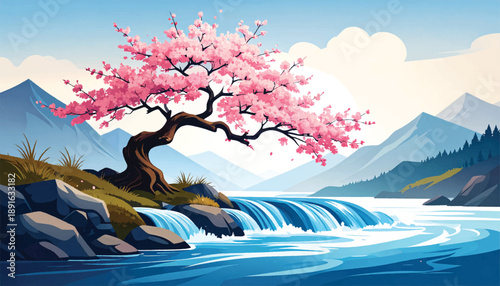 Blossoming sakura waterfall vector for wellness advertising. Vibrant spring cascade landscape illustration for digital media. Fresh mountain water scene artwork supporting lifestyle branding
