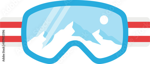 Vector illustration of blue ski goggles with a reflection of snowy mountains in the lens. A flat design style icon depicting winter sport equipment with a red and white strap, isolated on a white back