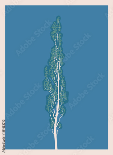 Minimalist flat vector illustration of a summer pyramidal poplar tree on a blue background. Nature and landscape concept, elegant vertical tree silhouette, modern botanical design for decor, wall art,