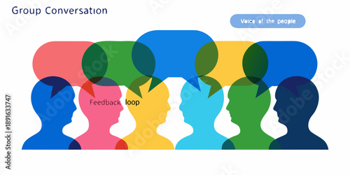 Abstract illustration depicting a group conversation with overlapping speech bubbles