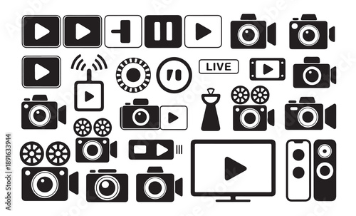 Video production and broadcasting icons set featuring diverse camera silhouettes and player controls for web