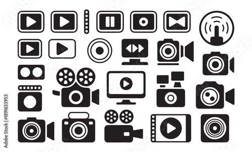 Large collection of media and video player icons including camera and film reel symbols in black