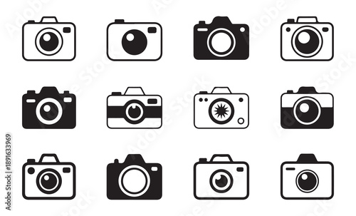 Photography camera line icons collection with diverse lens styles and body shapes for professional studio use