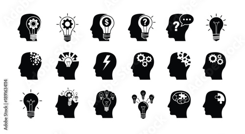 Creative concept of innovation and brainstorming with idea light bulbs in human head silhouettes for problem solving and team collaboration