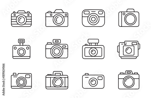 Minimalist camera line icon collection for photography branding and user interface design projects on white
