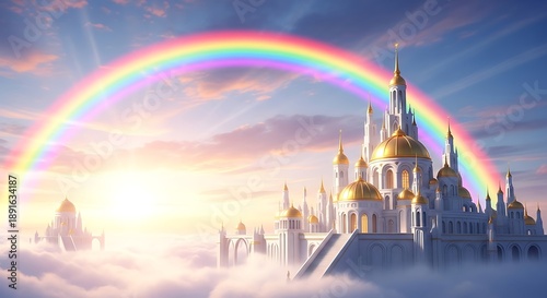 Fantasy Castle with Rainbow and Clouds.