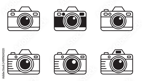 Set of six camera icons in outline and filled styles on white background for photography and video