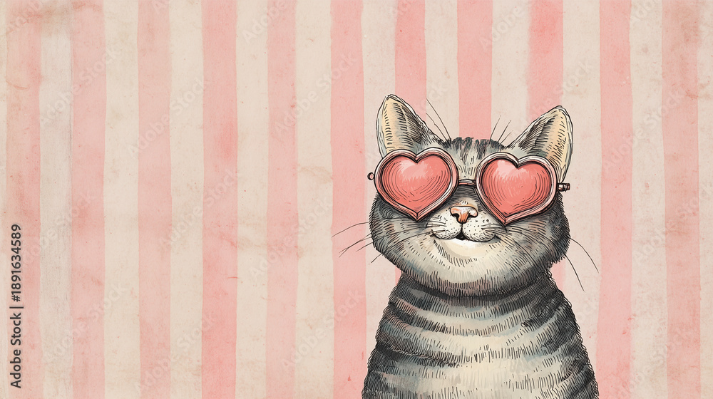 Fototapeta premium cute cat wearing heart shaped glasses on pink striped background, cute romantic illustration for valentine card design, kids poster, love theme decor, greeting, social media art