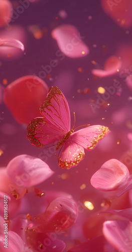 Pink butterfly with golden sparkles flying over red and pink petals, dreamy romantic background for valentine greeting cards, wedding design, love concept, luxury floral backdrop