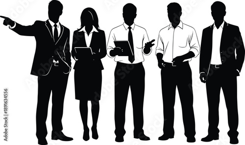 Five business people in black silhouette on white background business, people, silhouette, black, white, office, professionals, group, team, meeting, presentation, discussion, pointing, holding, table