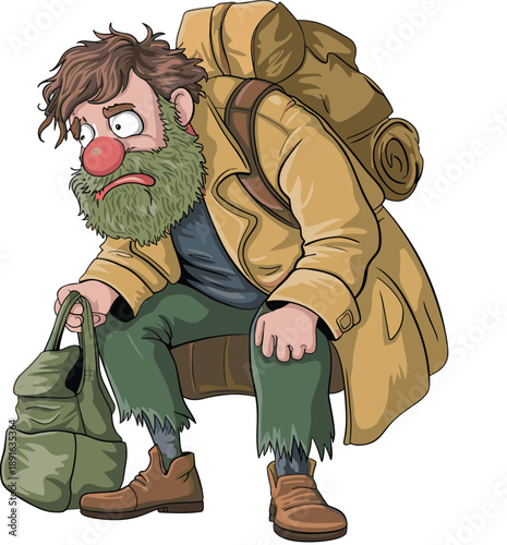 Tired homeless man or traveler character with messy beard and red nose carrying large heavy backpack and bag flat vector illustration for social issues