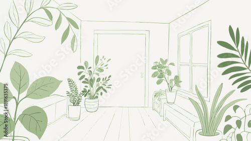 Plants in the room. Line art of houseplants. Simple line drawing illustration. A room with greenery.