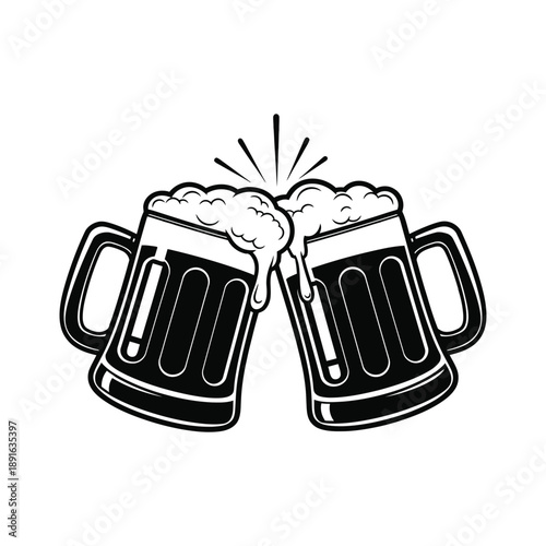 Vector illustration two beer mugs clinking together with foam overflowing
