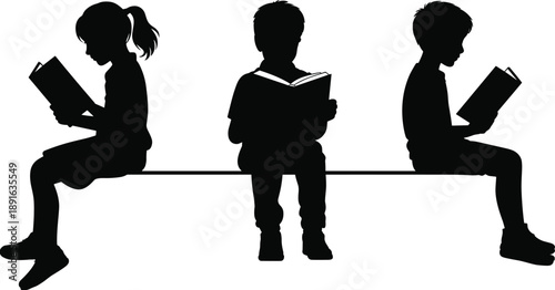 Three Children Silhouettes Sitting on a Bench Reading Books Together Keywords: children, kids, reading, books, sitting, bench