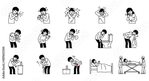 Collection of healthcare and medical line drawings showing symptoms, patient care, and clinical procedures in black and white illustrations