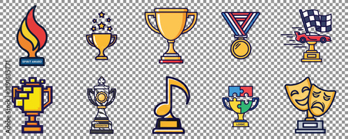 Diverse Awards and Trophies Vector Icons Set. Flat Design Achievement Symbols for Sports, Music, Gaming, Theater, Racing, and Academic Success Concepts on Transparent Background.
