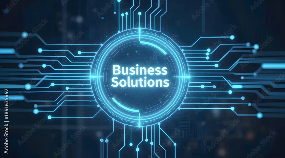 Obraz premium Glowing business solutions text inside a digital circuit with a dark background