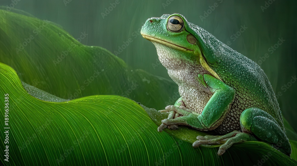 Fototapeta premium Vibrant Green Amphibian Perched Gracefully On Lush Verdant Foliage