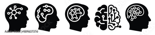 Stylized icon set of a  neural learning intelligence on white background. Machine learning silhouette Icons in solid and silhouette versions.