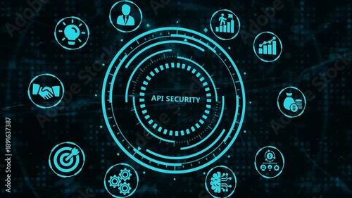 Modern digital network illustration showcasing API security technology with interconnected data flow icons and glowing analytics charts, representing data protection.