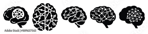Stylized icon set of a  neural network brain on white background. Machine learning silhouette Icons in solid and silhouette versions.
