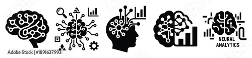 Stylized icon set of a  neural smart analytics on white background. Machine learning silhouette Icons in solid and silhouette versions.
