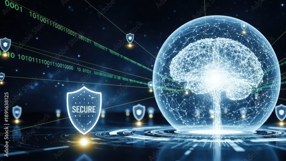 Fototapeta premium A glowing brain with neural network connections surrounded by binary code and security shields on a dark blue background