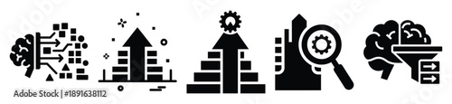 Stylized icon set of a  smart data classification on white background. Machine learning silhouette Icons in solid and silhouette versions.