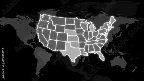 United States of America Map on the World: A simplified grayscale illustration showcases the United States, outlined against a subtly visible world map.