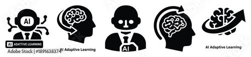 Stylized icon set of a  ai adaptive learning on white background. Machine learning silhouette Icons in solid and silhouette versions.