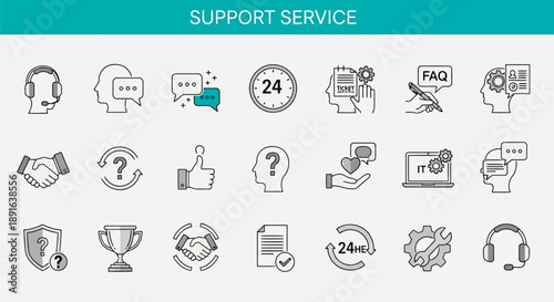 Vector icons set illustrating customer service support features including helpdesk chat tickets FAQ IT assistance feedback and round-the-clock
