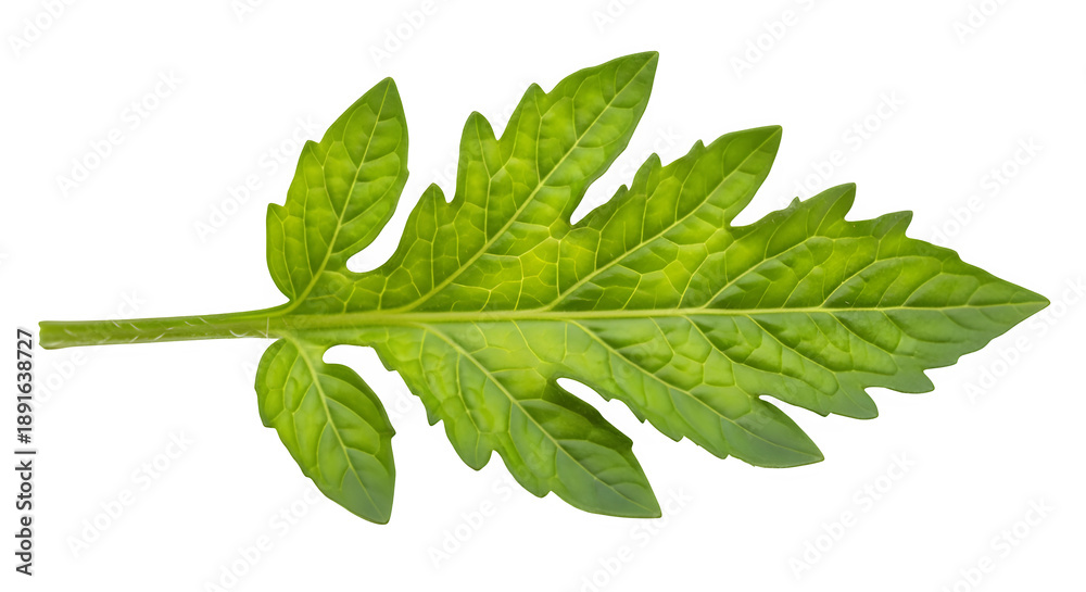 Obraz premium Vibrant green tomato leaf, isolated on white or transparent background. PNG
