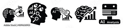Stylized icon set of a  ai data analysis on white background. Machine learning silhouette Icons in solid and silhouette versions.