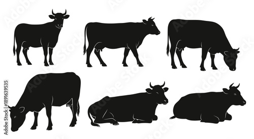 Collection of black cow silhouettes in various poses.