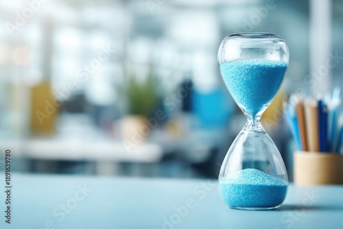 Hourglass on a desk in a blurred office setting (1)