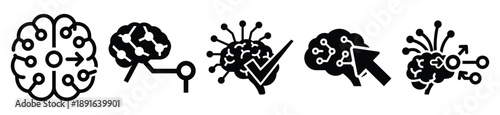 Stylized icon set of a  ai neural decision on white background. Machine learning silhouette Icons in solid and silhouette versions.