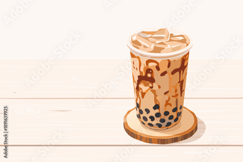 Simple and elegant bubble tea with dark pearls served in a crystal glass on a minimalist wooden base.