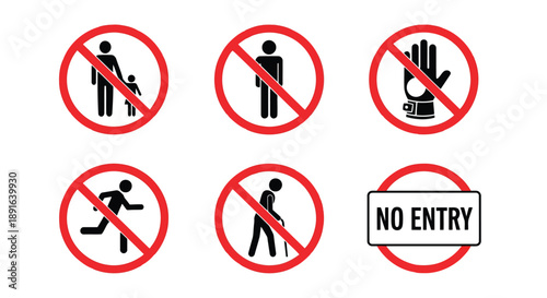Set of six red prohibition signs illustrating restricted activities including no children, smoking, running, and entry