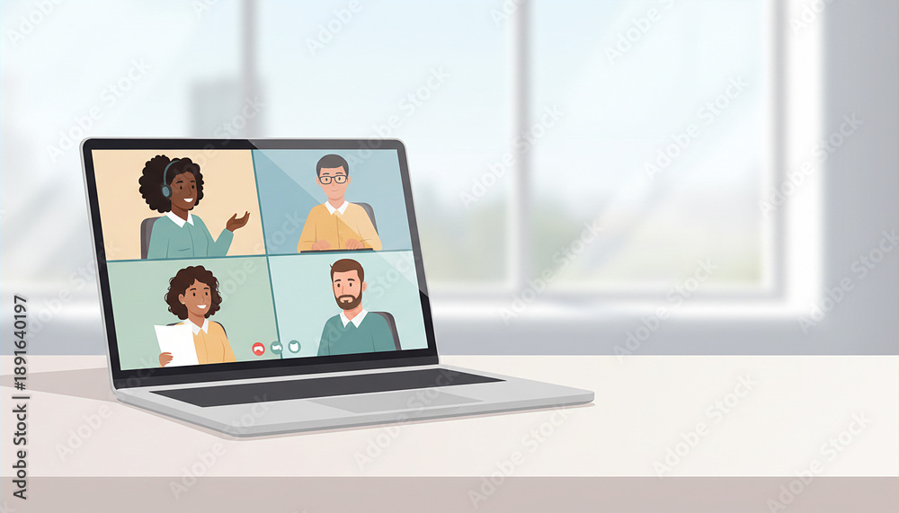 Fototapeta premium A laptop displaying a video conference with four diverse participants on a desk in a bright room with a window in the background.